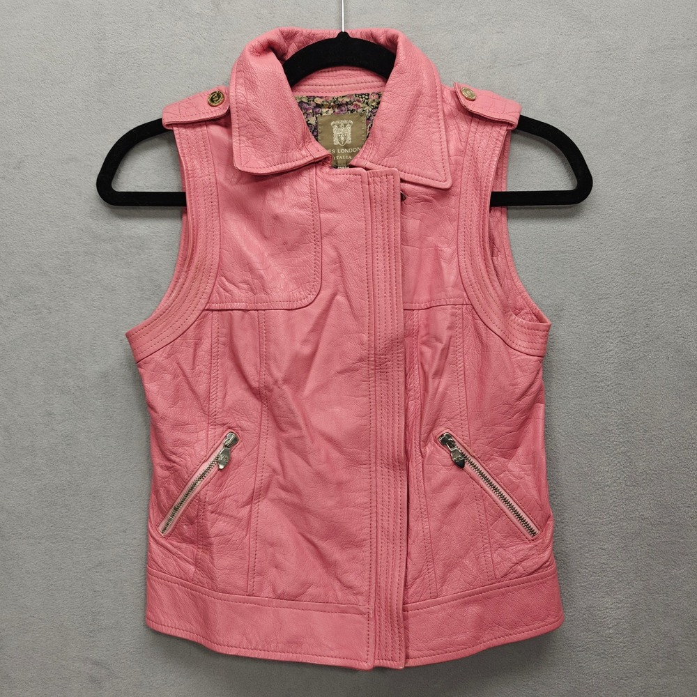 Yes London Pink Leather Vest Womens Size 38 Moto Biker Zip Up Punk Pastel Goth